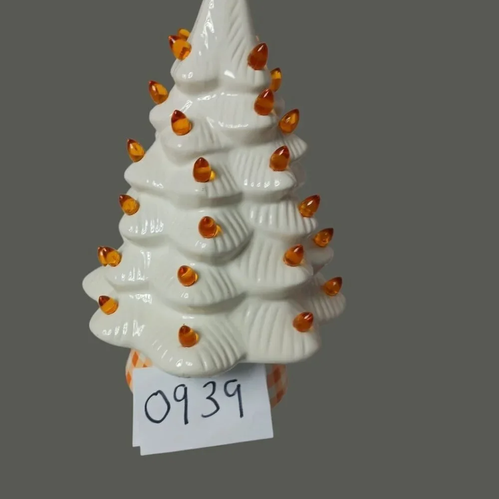 White Ceramic Christmas Tree With Orange Lights & Checkered Base - 